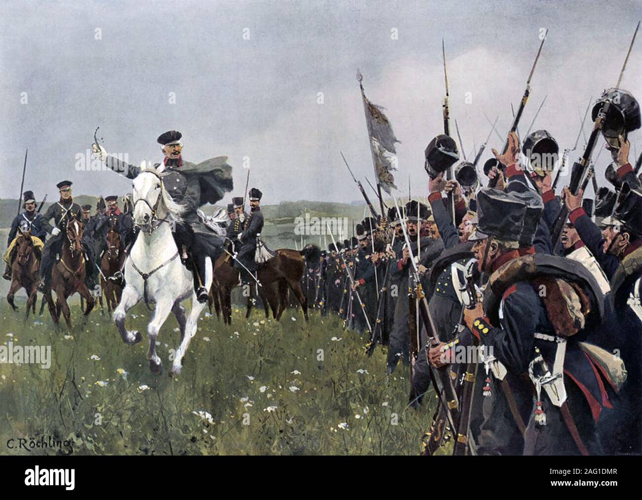 GEBHARD von BLUCHER (1742-1819) Prussian Field Marshal rallies his troops before the `Battle of Waterloo. painting by Carl Rochling Stock Photo
